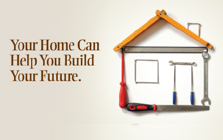 Tools organized together to resemble a house- Your home can help you build your future.