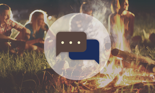 A cartoon messaging image centered with young adults circled around a camp fire.