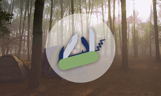 A cartoon swiss army knife with a forest background.
