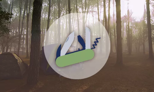 A cartoon swiss army knife with a forest background.