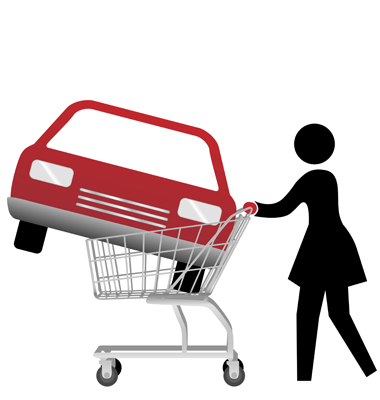 Cartoon of a car inside a shopping cart.